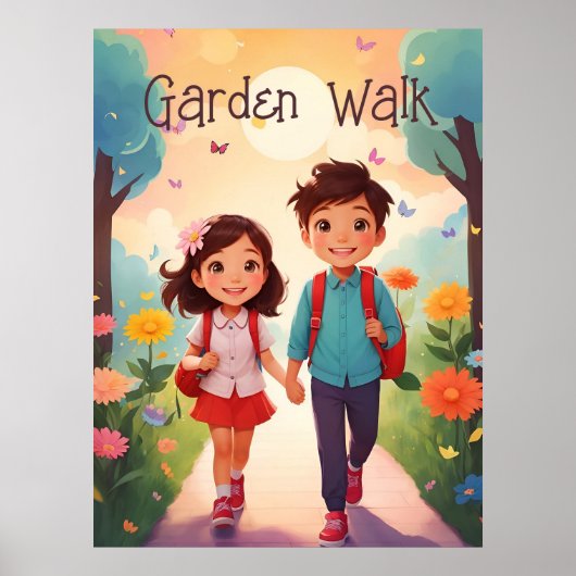 Schattig School Kinder in Tuin Illustratie AI Kuns Poster (Voorkant)