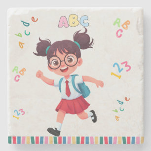 Schattig Schoolmeisje ABC 123 Leermateriaal Stenen Onderzetter