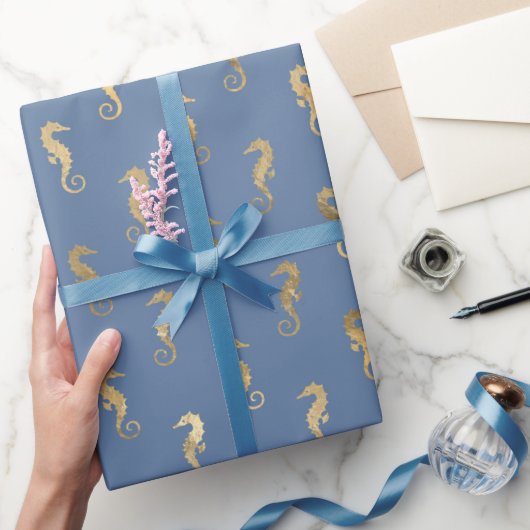Schattig Seahorse Blauw Goud Zeemeermin Thema Fees Cadeaupapier (Geschenken)