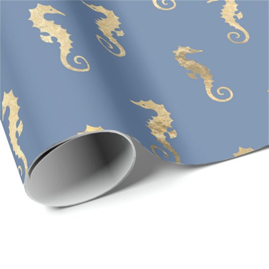 Schattig Seahorse Blauw Goud Zeemeermin Thema Fees Cadeaupapier (Rol Hoek)