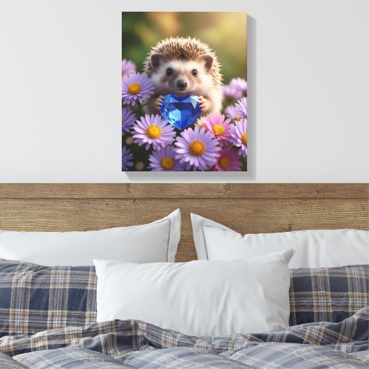 Schattig september egeltje met saffierhart canvas afdruk (Insitu (Slaapkamer))