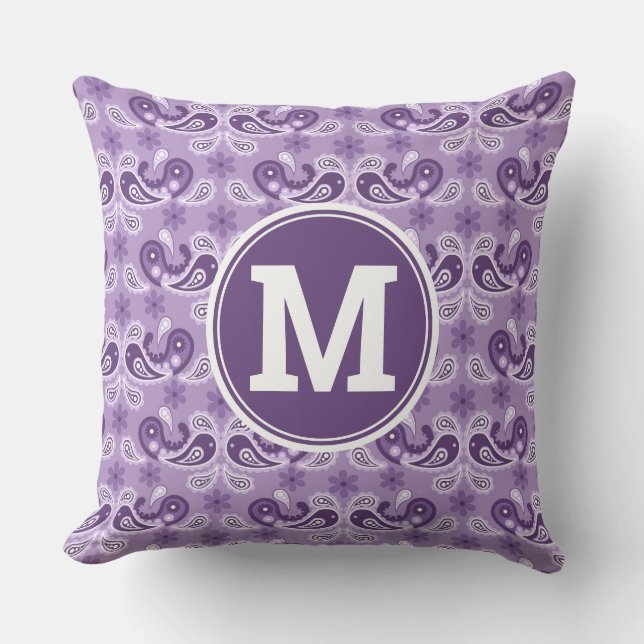 Schattig shabby chic paars en wit paisley monogram kussen (Voorkant)