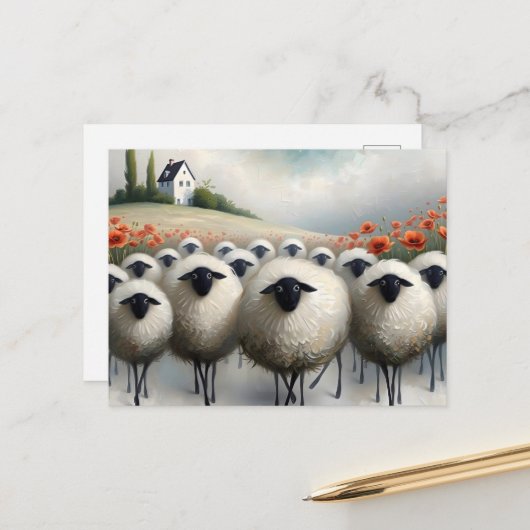 Schattig Sheep Poppy Field en een huis Briefkaart (Voorkant / Achterkant in situ)