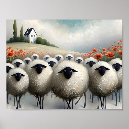 Schattig Sheep Poppy Field en een huis Poster (Voorkant)