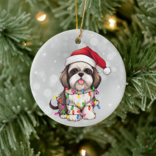 Schattig Shih Tzu Hond Verpakt in Kerstverlichting Keramisch Ornament