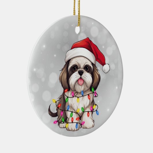 Schattig Shih Tzu Hond Verpakt in Kerstverlichting Keramisch Ornament (Rechts)