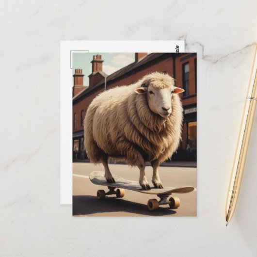 Schattig skateboardschaap briefkaart (Voorkant / Achterkant in situ)