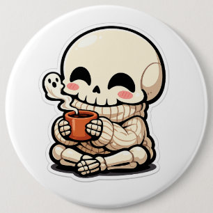Schattig Skelet Drinkt Koffie Sticker – Kawaii Chi Ronde Button 6,0 Cm