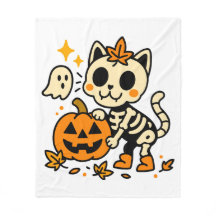 Schattig skelet kat met pompoen fleece deken