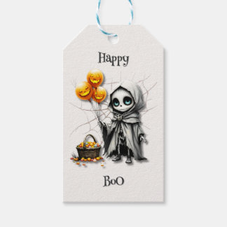 Schattig skelet meisje met pompoen ballonnen  cadeaulabel