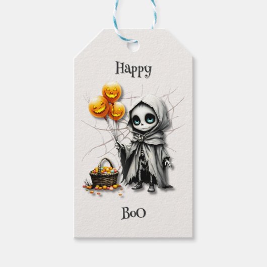 Schattig skelet meisje met pompoen ballonnen  cadeaulabel (Voorkant)