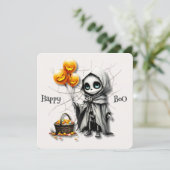 Schattig Skelet Meisje met Pompoen Ballonnen Feestdagenkaart (Staand voorkant)
