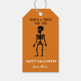 Schattig skelet Zwart & Oranje Halloween  Cadeaulabel