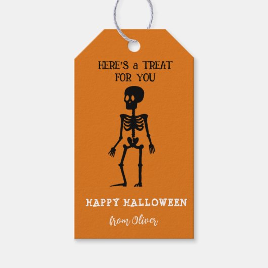 Schattig skelet Zwart & Oranje Halloween Cadeaulabel (Voorkant)