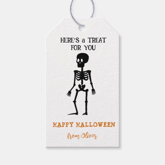 Schattig skelet Zwart-witte traktaties Halloween Cadeaulabel (Voorkant)