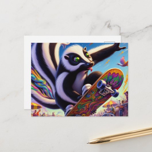 Schattig Skunk Skateboarden Briefkaart (Voorkant / Achterkant in situ)