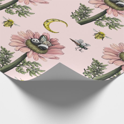 Schattig slapen Panda Beer Fairy bloemenpatroon Cadeaupapier (Hoek)