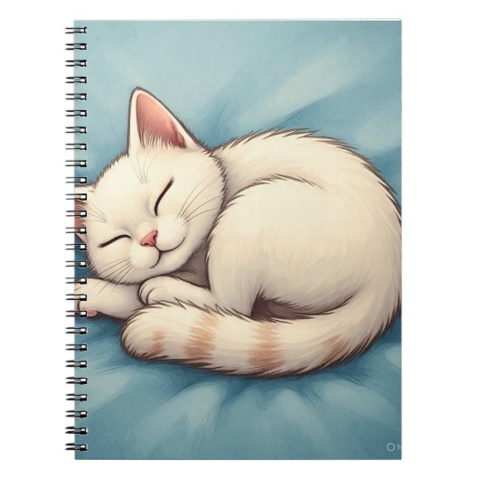 Schattig Slapen Witte Kat Blauw Notitieboek Hoesje (Voorkant)