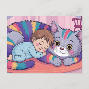 Schattig slapend kind op een reusachtige regenboog briefkaart