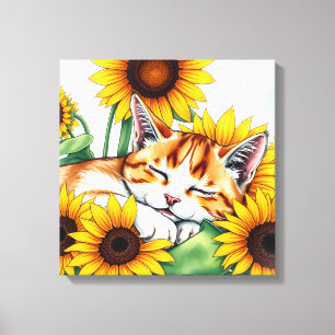 Schattig slapend kitten en zonnebloemen canvas afdruk