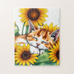 Schattig slapend kitten en zonnebloemen legpuzzel