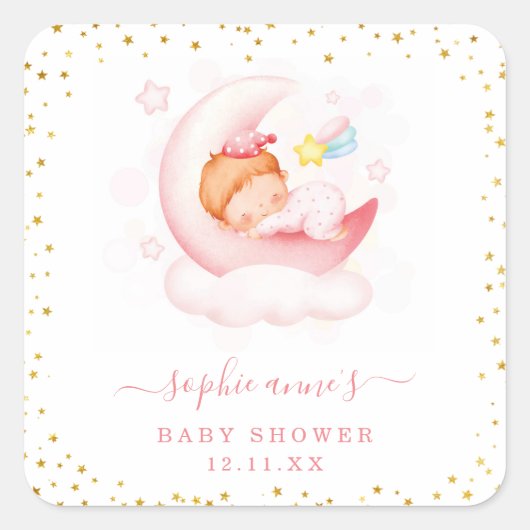 Schattig slaperig meisje over de maan Baby shower Vierkante Sticker (Voorkant)