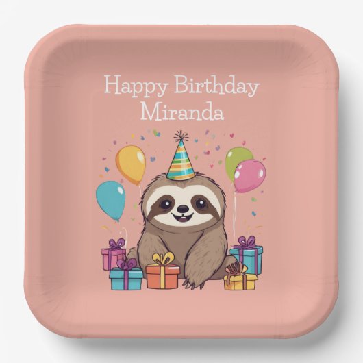 Schattig Sloth Happy Birthday gepersonaliseerd roz Papieren Bordje (Voorkant)