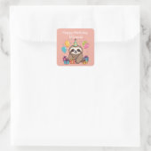 Schattig Sloth Happy Birthday gepersonaliseerd roz Vierkante Sticker (Tas)
