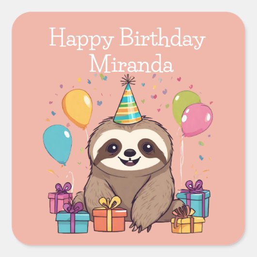 Schattig Sloth Happy Birthday gepersonaliseerd roz Vierkante Sticker (Voorkant)