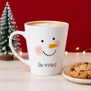 Schattig Sneeuwmannengezicht Familie Naam Monogram Latte Mok