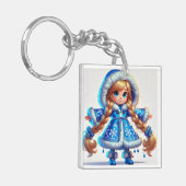 Schattig sneeuwmeisje in Blue Coat Sleutelhanger (Voorkant Links)