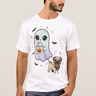Schattig spook dat hondenpug koffie loopt Hallowee T-shirt