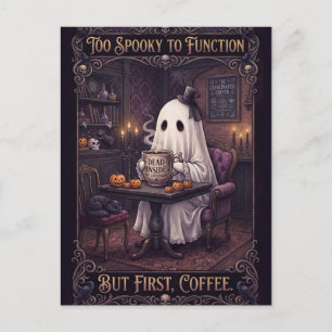 Schattig spook dat koffie drinkt in een enge kamer briefkaart