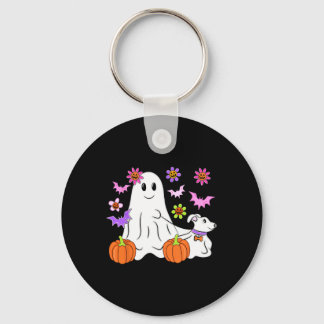 Schattig spook dat met hond loopt bloemenkurk pomp sleutelhanger