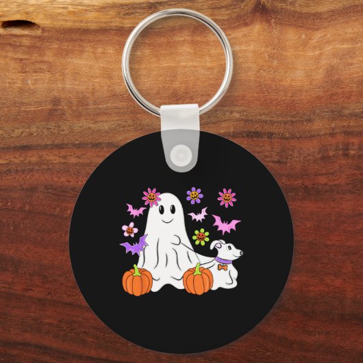 Schattig spook dat met hond loopt bloemenkurk pomp sleutelhanger (Voorkant)