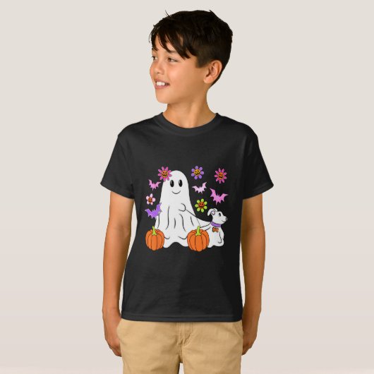 Schattig spook dat met hond loopt bloemig pompoen t-shirt (Voorkant volledig)
