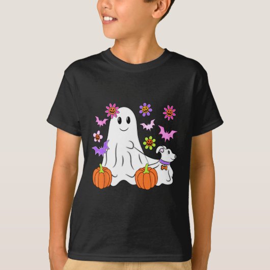Schattig spook dat met hond loopt bloemig pompoen  t-shirt (Voorkant)