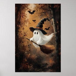 Schattig spook dat op een heksenbezem vliegt in de poster