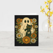 Schattig spook dat zwarte kat vasthoudt Groovy blo Kaart (Gele Bloem)