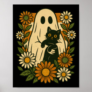 Schattig spook dat zwarte kat vasthoudt Groovy blo Poster