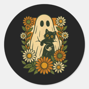 Schattig spook dat zwarte kat vasthoudt Groovy blo Ronde Sticker