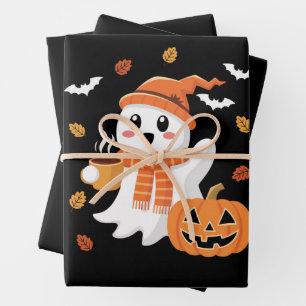Schattig spook drinkt ijskoude koffie Halloween  Inpakpapier Vel