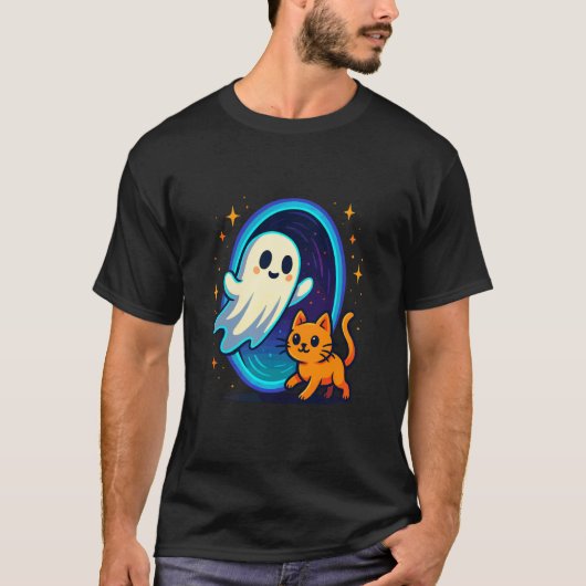Schattig spook en kat bij het hek t-shirt (Voorkant)