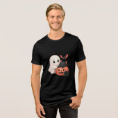 Schattig spook en kat met pompoen Tri-Blend shirt (Voorkant volledig)