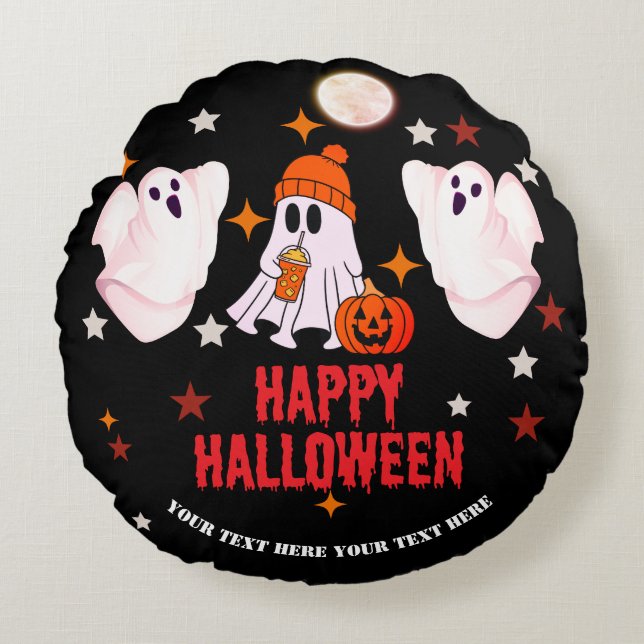 Schattig spook en pompoen aangepaste tekst Fijne H Rond Kussen (Voorkant)