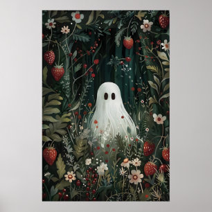 Schattig spook in aardbeienweide print, Spook Poster