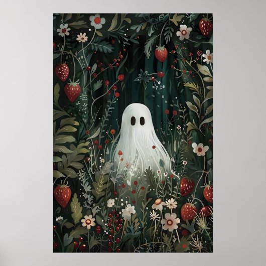 Schattig spook in aardbeienweide print, Spook Poster (Voorkant)