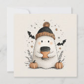 Schattig spook met pompoenlatte – knus herfst-Hall Feestdagenkaart (Voorkant)