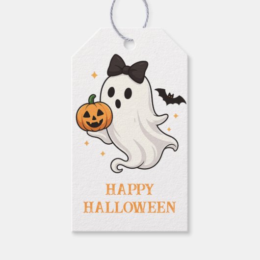 Schattig spook met strik en pompoen | Halloween Cadeaulabel (Voorkant)