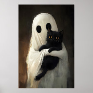 Schattig spook omhelst zwart kat print, digitaal H Poster